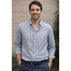 Faherty Men’s Teal Grey Gingham Movement Shirt Sz XL Supima Cotton